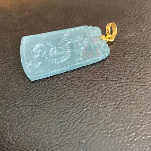 14K Solid Yellow Gold Carved Dragon Natural Jade Pendant Rectangle