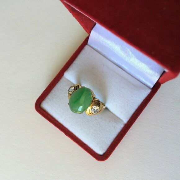 14K Solid Yellow Gold Oval Green Jade CZ Ring Size 5.5