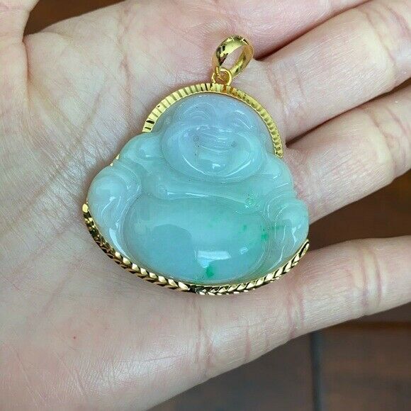 14K Real Gold Natural Jadeite Jade Happy Laughing Buddha Pendant Male Charm