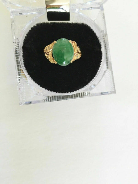 14K Solid Yellow Gold Oval Green Jade Women CZ Ring Size 5.5