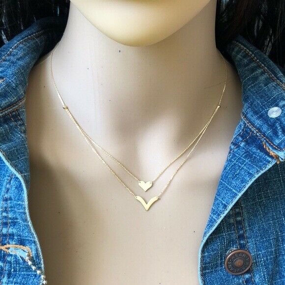 14K Solid Yellow Gold Layer Duo Heart and V Necklace 16"-18" adjust