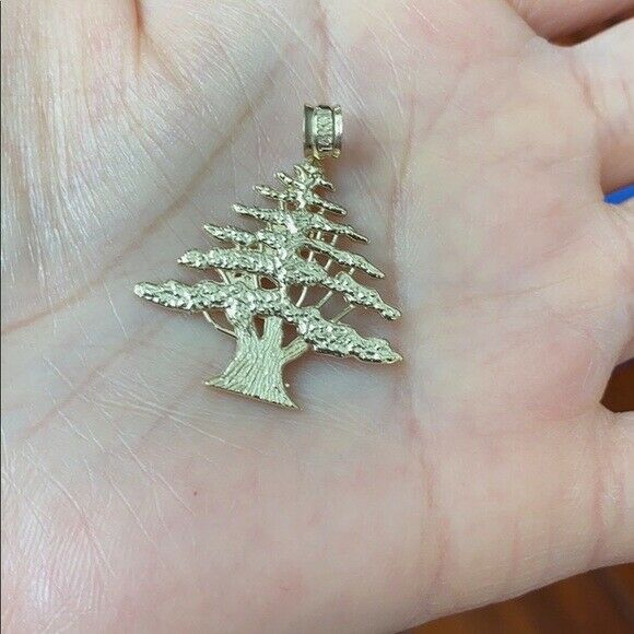 10k White Gold Lebanon Lebanese Cedar Tree Cedrus Libani Pendant Necklace