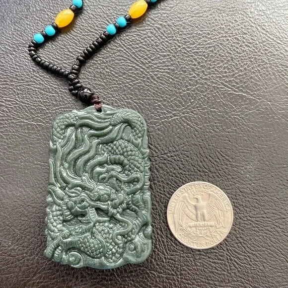 Large Nephrite Jade Carving Dragon Pendant Necklace Men