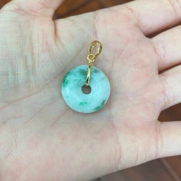 14K Solid Yellow Gold Small Round Donut Natural Jade Pendant Necklace