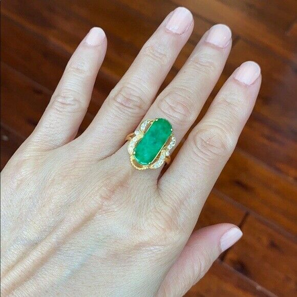 14K Solid Real Yellow Gold Rectangle Green Jade CZ Ring Size 6.75