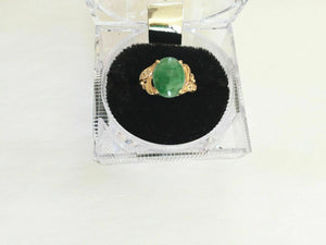 14K Solid Yellow Gold Oval Green Jade Women CZ Ring Size 5.5