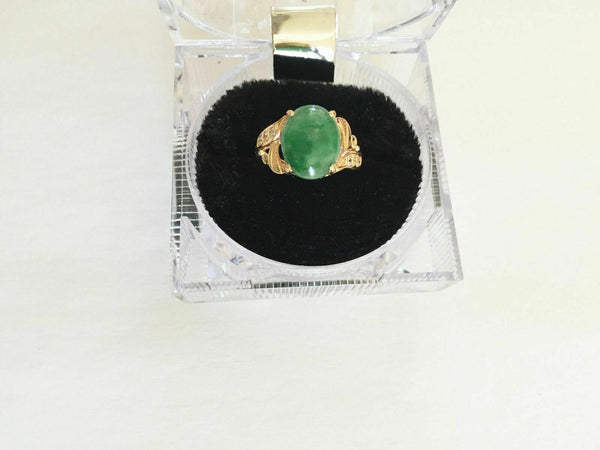 14K Solid Yellow Gold Oval Green Jade Women CZ Ring Size 5.5