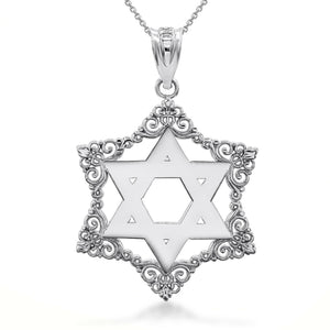 925 Silver Sterling Decorated Star Of David Charm Pendant Necklace