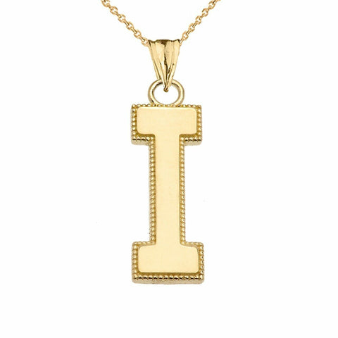 10k Solid Gold Small Milgrain Initial Letter I Pendant Necklace Personalized