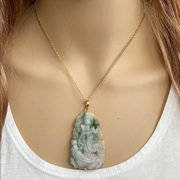 14K Solid Real Gold Natural Jadeite Jade Lotus Kwan Yin Lady Buddha Pendant 703