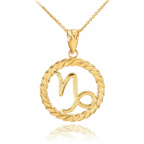10K Solid Gold Capricorn Zodiac Sign in Circle Rope Pendant Necklace