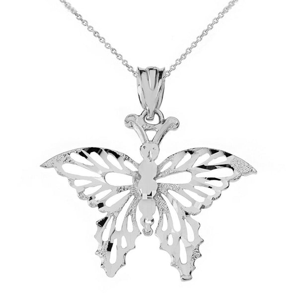 10k 14k Solid Gold Filigree Diamond Cut Butterfly Charm Pendant Necklace