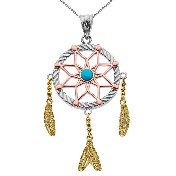14k Tri Tone Gold Turquoise Flower Dream Catcher Pendant Necklace