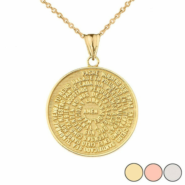 14k Solid Real Gold Padre Nuestro The Lord's Prayer Medallion Pendant Necklace