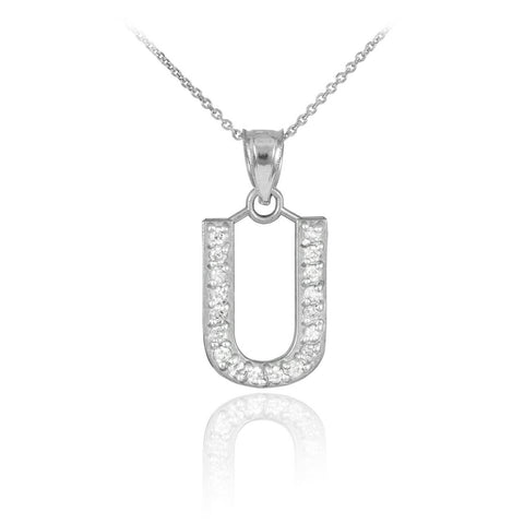 925 Sterling Silver Letter "U" Initial CZ Monogram Pendant Necklace 16 18 20 22"