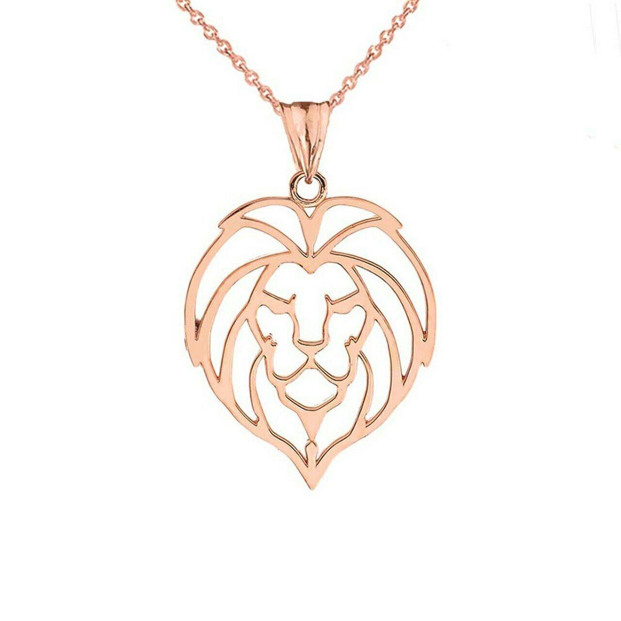 14K Solid Fine Rose Gold Lion Head Cut Out Pendant Necklace