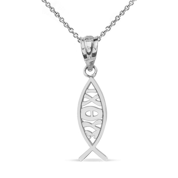 14k Solid White Gold ????? ΙΧΘΥΣ Ichthys Greek Jesus Fish Pendant Necklace