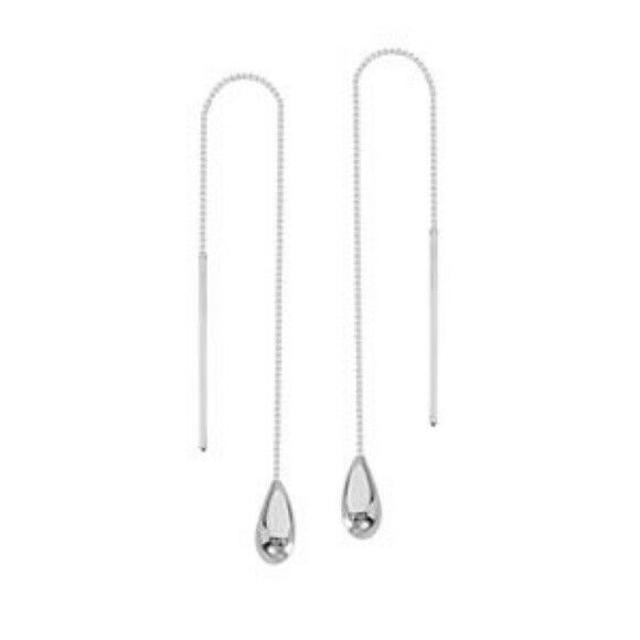 14K Solid White Gold Teardrop Bar Thin Box Chain Drop Threader Earrings