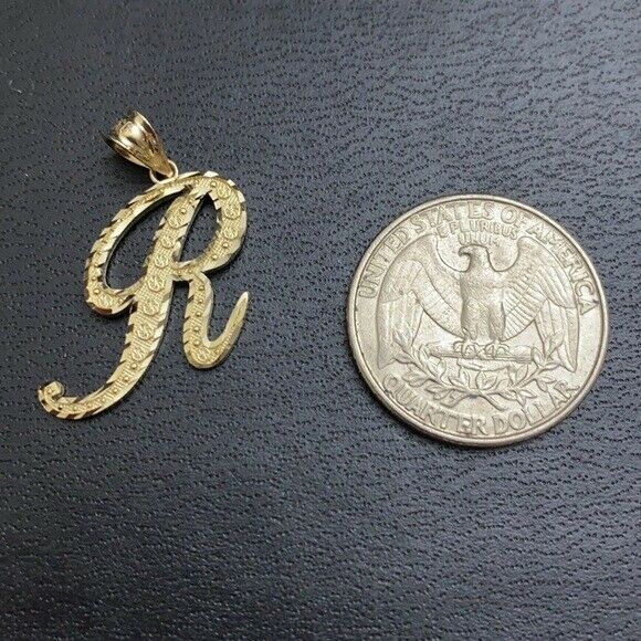 10k Solid Yellow Gold Cursive Initial Letter R Pendant Necklace