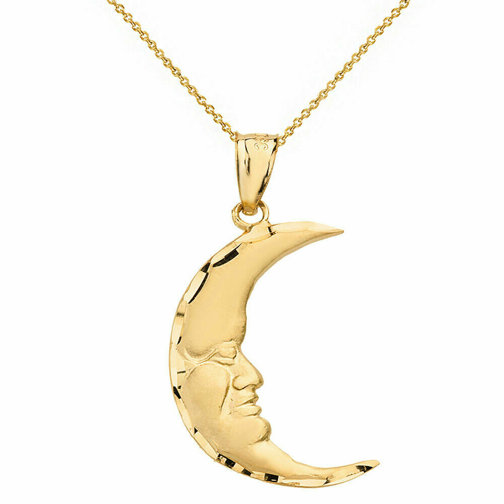 10k Solid Real Yellow Gold Diamond-cut Crescent Moon Face Pendant Necklace