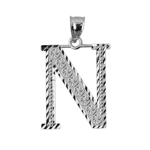 Sterling Silver Initial Letter N Pendant Necklace - Large, Medium, Small Diamond-cut