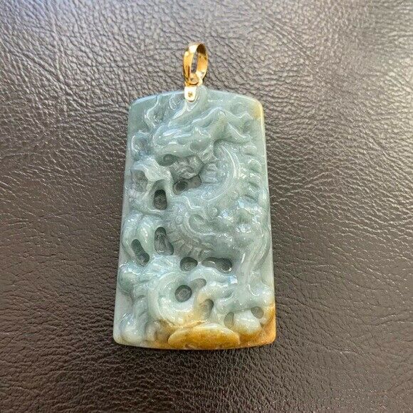 14K Solid Yellow Gold Carved Dragon Natural Jade Pendant Rectangle Men