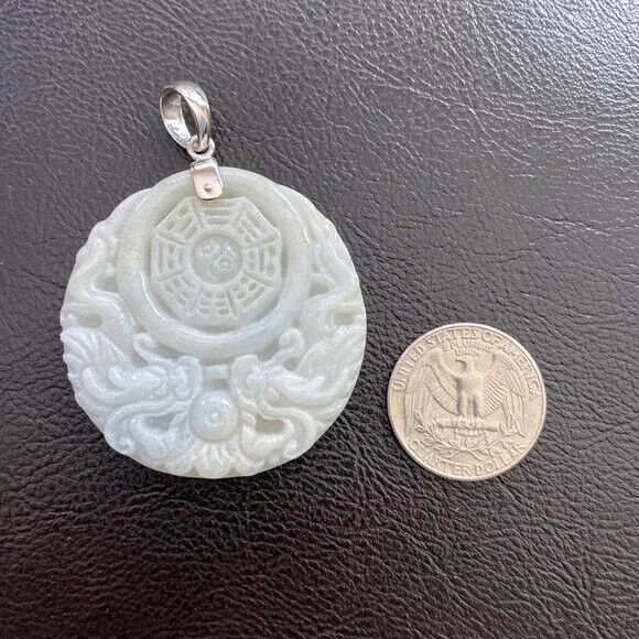 925 Sterling Silver Carving Jade Dragon Phoenix Yin Yang Pendant Necklace