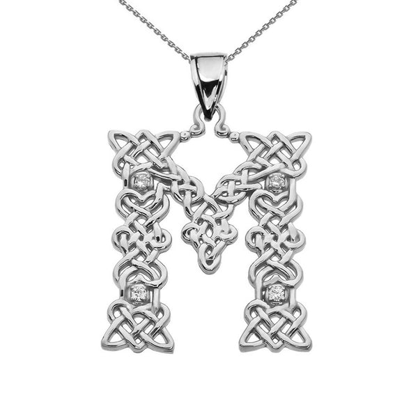 Sterling Silver CZ Celtic Knot Pattern Initial Letter M Pendant Charm Necklace