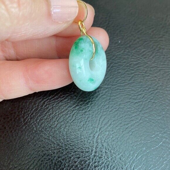 14K Solid Yellow Gold Small Round Donut Natural Jade Pendant Necklace