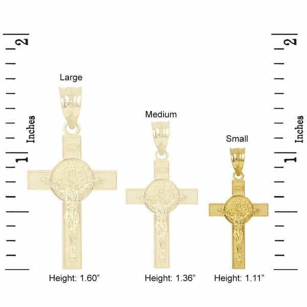 10K Solid Yellow Gold Small Saint St. Benedict Crucifix Cross Pendant Necklace