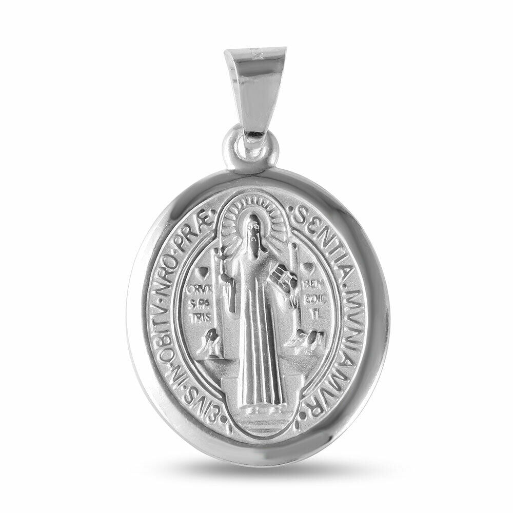 925 Fine Sterling Silver Oval Saint Benedict Medallion Pendant Necklace