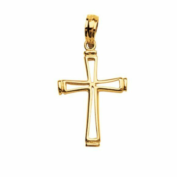 14k Solid Real Yellow Gold Small Cross Cut out outline Pendant Necklace