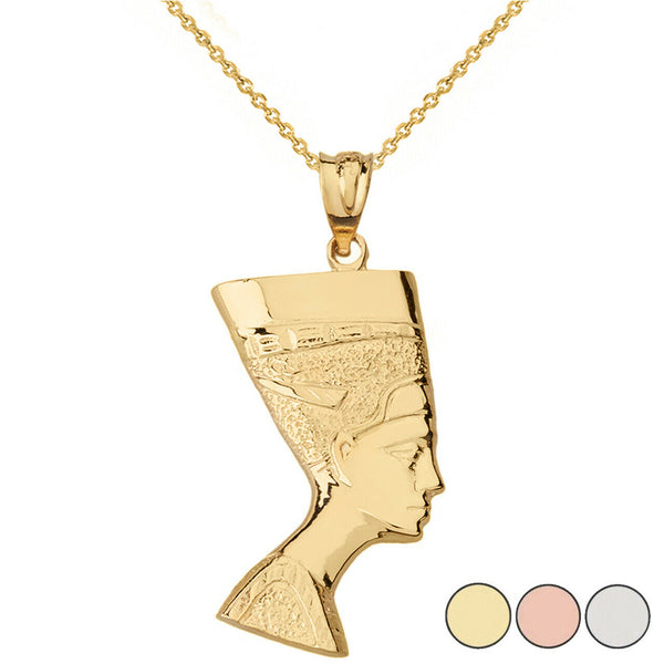 Solid 14k Yellow Gold Egyptian Queen Nefertiti Face Statue Pendant Necklace