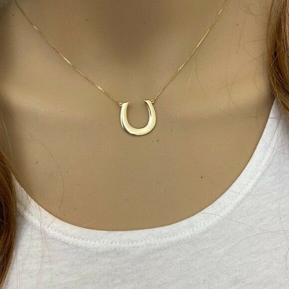 14k Solid Yellow Gold Polished Horseshoe Lucky Pendant Necklace 16" 18" 20" 22"
