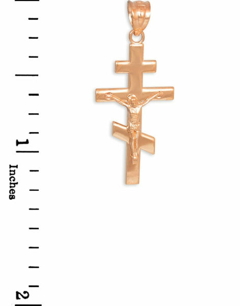 Solid 14k Rose Gold Russian Orthodox Crucifix Pendant Necklace