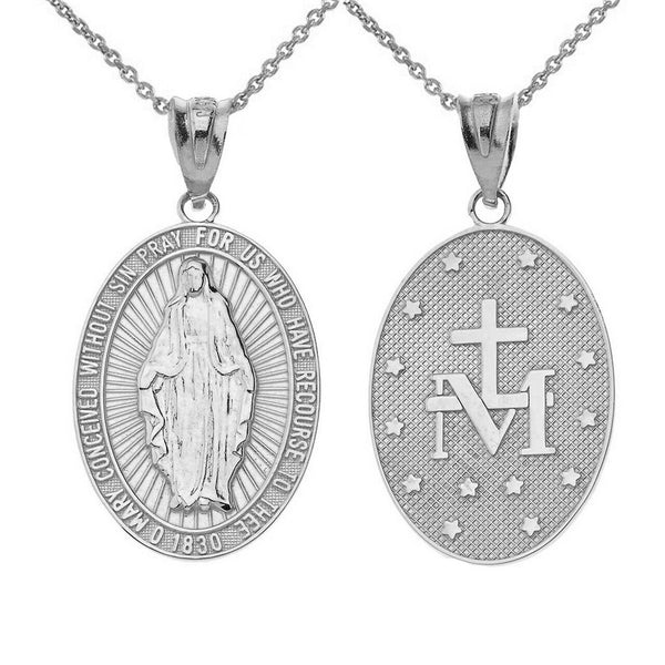 10K Solid Gold Our Lady of Graces Miraculous Medal Oval Pendant Necklace