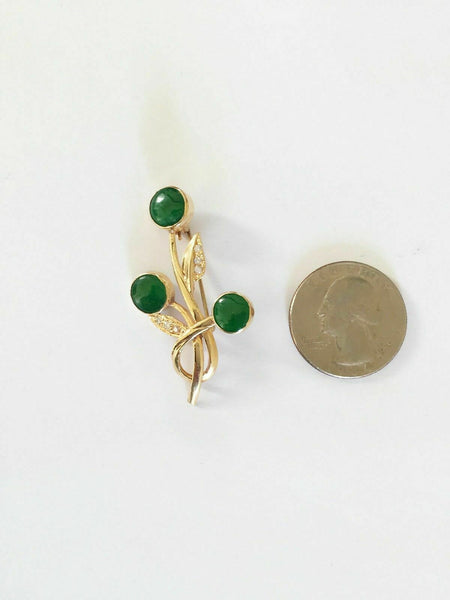 14K Solid Yellow Gold Round Green Jade Brooch Pin