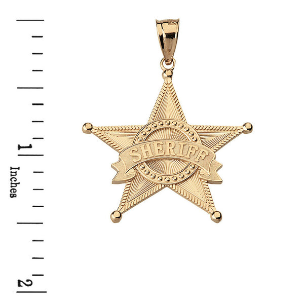 10k Solid Gold Star Sheriff Badge Public Safety Textured Pendant Necklace
