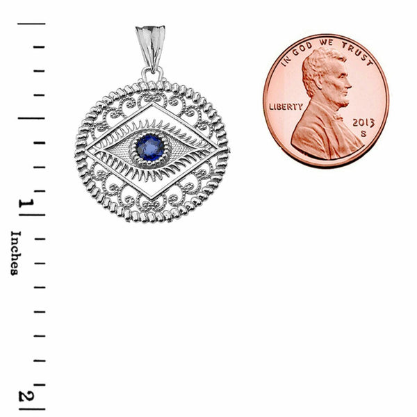 14k Solid White Gold Round Filigree Evil Eye Pendant Necklace