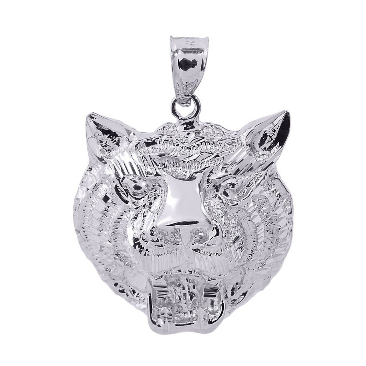 925 Sterling Silver Diamond Cut Tiger Head Charm Pendant Necklace