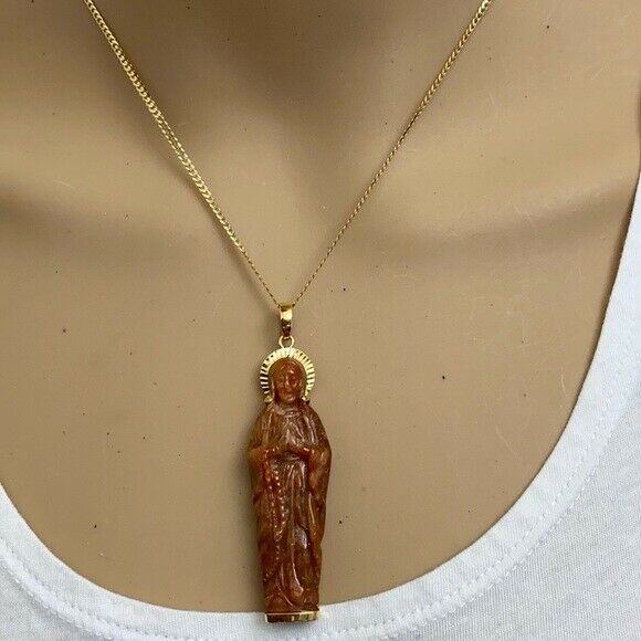 14K Solid Gold The Blessed Virgin Mary Prayer Carved Natural Red Jade Pendant