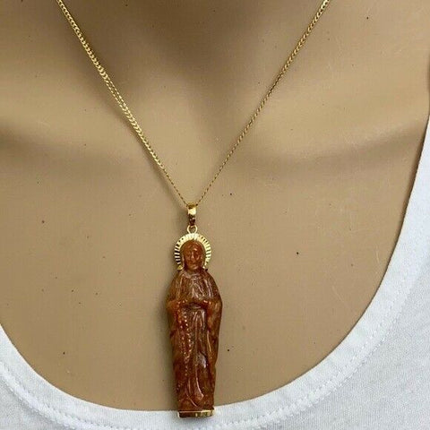 14K Solid Gold The Blessed Virgin Mary Prayer Carved Natural Red Jade Pendant