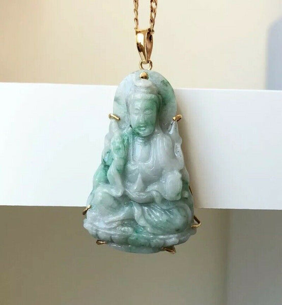 18K Yellow Gold Lady Buddha Quan/Kwan Yin Jade Pendant Light Green White - ES1