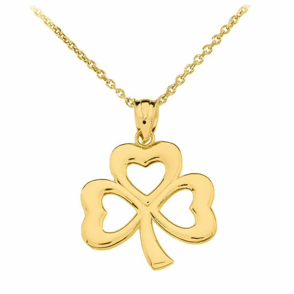 10k Solid Yellow Gold Polished Lucky Shamrock Pendant Necklace