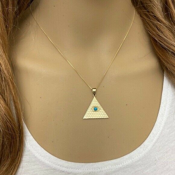 14k Yellow Gold Egyptian Pyramid with Turquoise Evil Eye Pendant Necklace