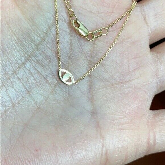 14K Solid Yellow Gold Mini Evil Eye Necklace - Minimalist 16"-18" adjust