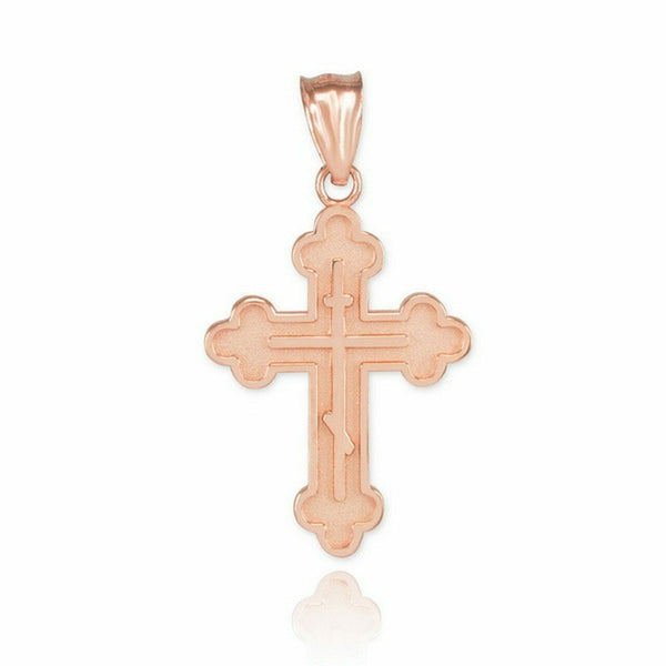14k Solid Rose Gold Eastern Orthodox Christian Cross Charm Pendant Necklace