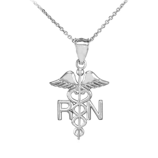 10K White Gold Caduceus Medical RN Registered Nurse Herald Staf Pendant Necklace