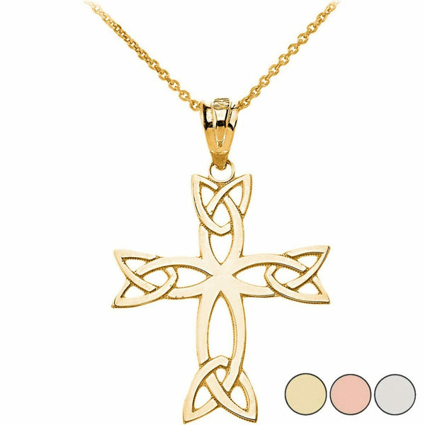 Solid Yellow Gold 14K Celtic Trinity Cross Charm Pendant Necklace
