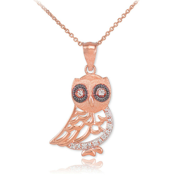 10K Solid Gold Bohemian Owl Diamond Pendant Necklace - Yellow, Rose, or White